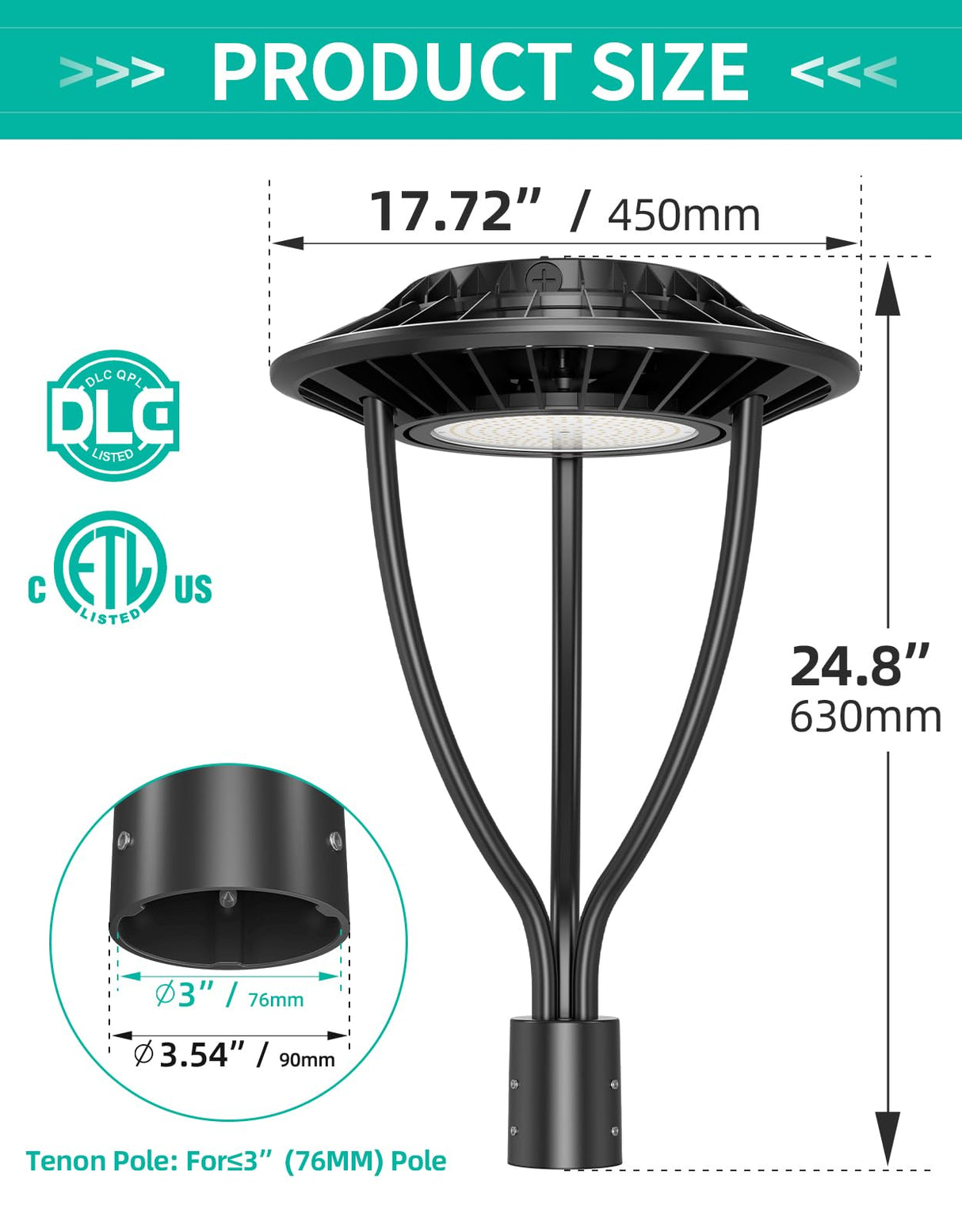 LED Post Top Light- PTA Series,80W,11200lumens,Selectable Wattage& CCT,100-277V,Dusk to Dawn Optional