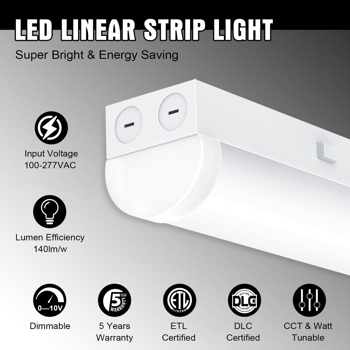 LED Strip Light - STL Series,100W,14000lumens,Selectable Wattage & CCT,120-277V,8FT,4 Pack,WITH AUDIO JACK SENSOR BASE
