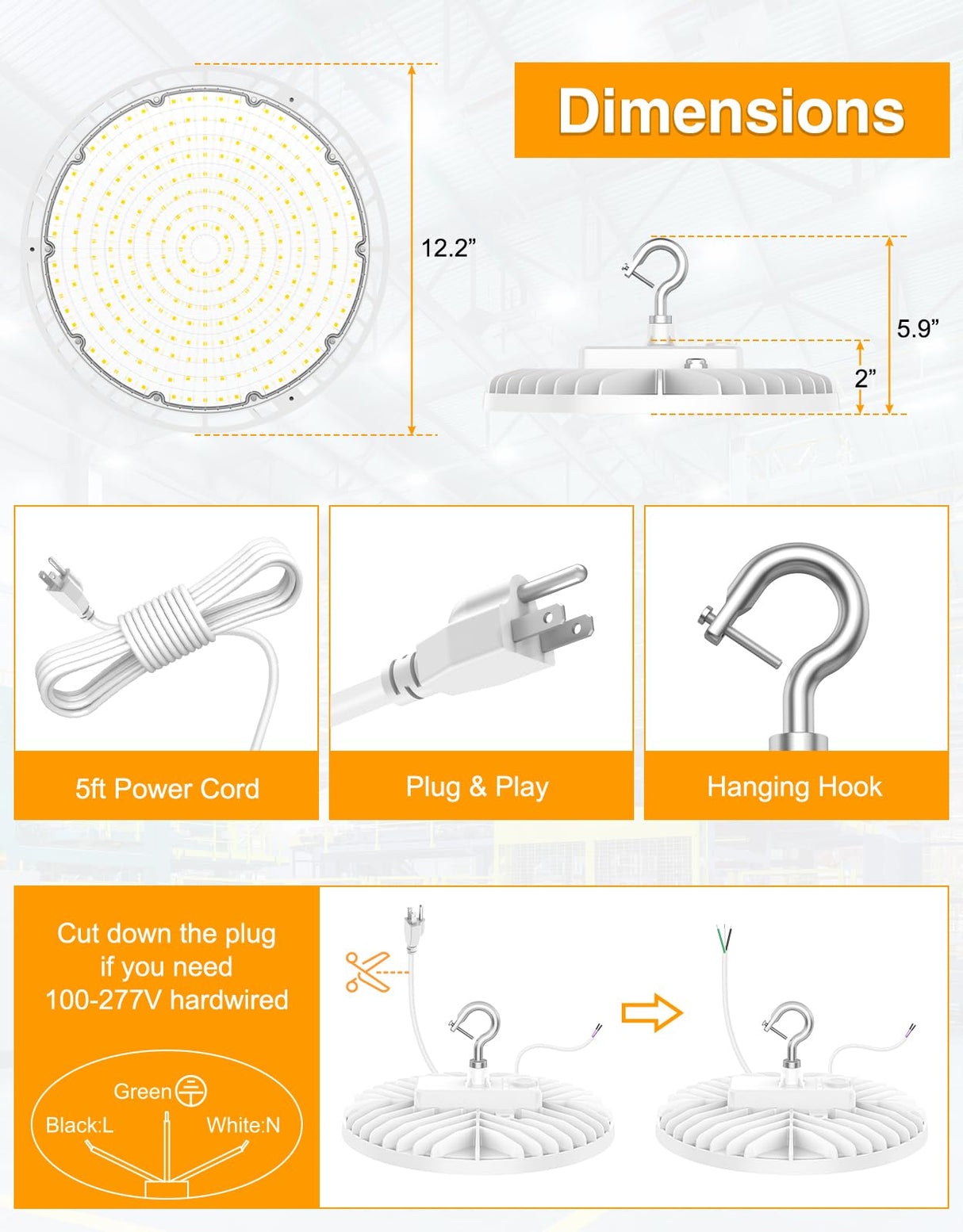 LED High Bay Light - BI Series,150W,22500lumens,Selectable Wattage&CCT,100-277V WITH US PLUG
