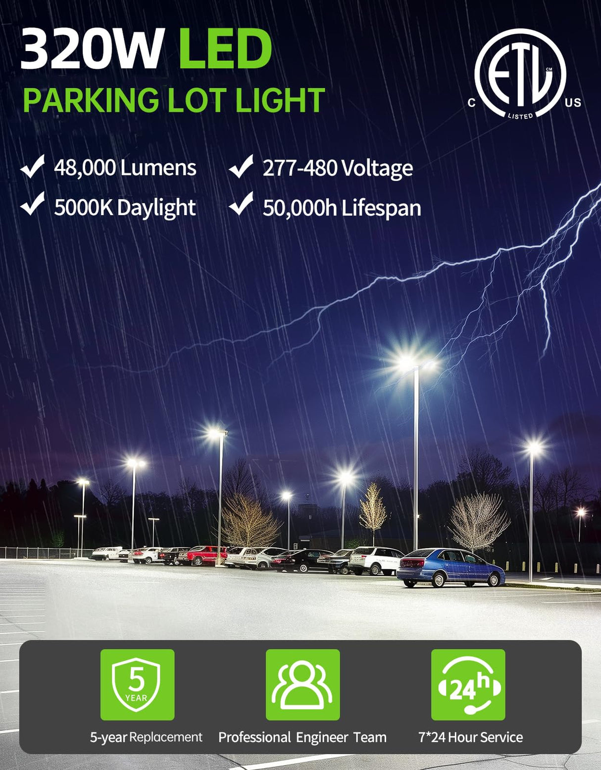 LED Parking Lot Light - PL Series With A&N BRACKET,320W,48000lumens,5000K,277-480V,Built in Photocell