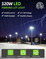 LED Parking Lot Light - PL Series With A&N BRACKET,320W,48000lumens,5000K,277-480V,Built in Photocell