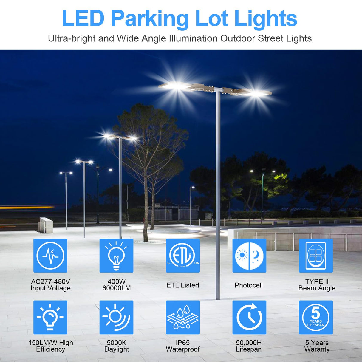 LED Parking Lot Light - SB Series With Slip Fit  Mount,400W,60000lumens,,5000K,277-480V,Built in Photocell