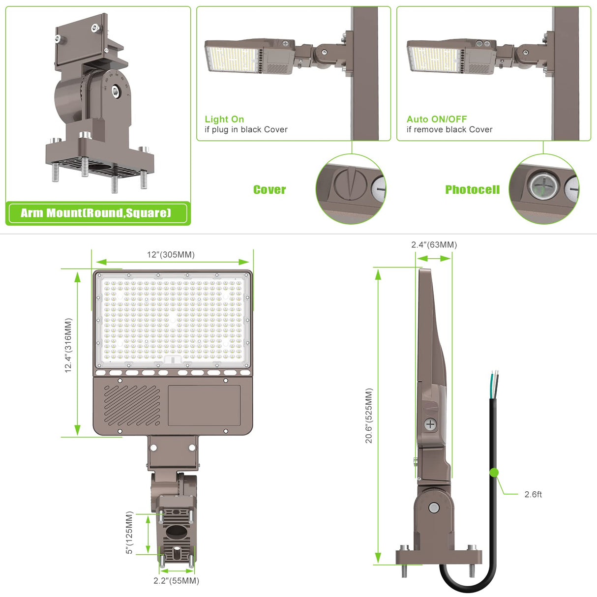 LED Parking Lot Light - PL Series With Arm Mount,200W,30000lumens,5000K,100-277V, Dusk to Dawn