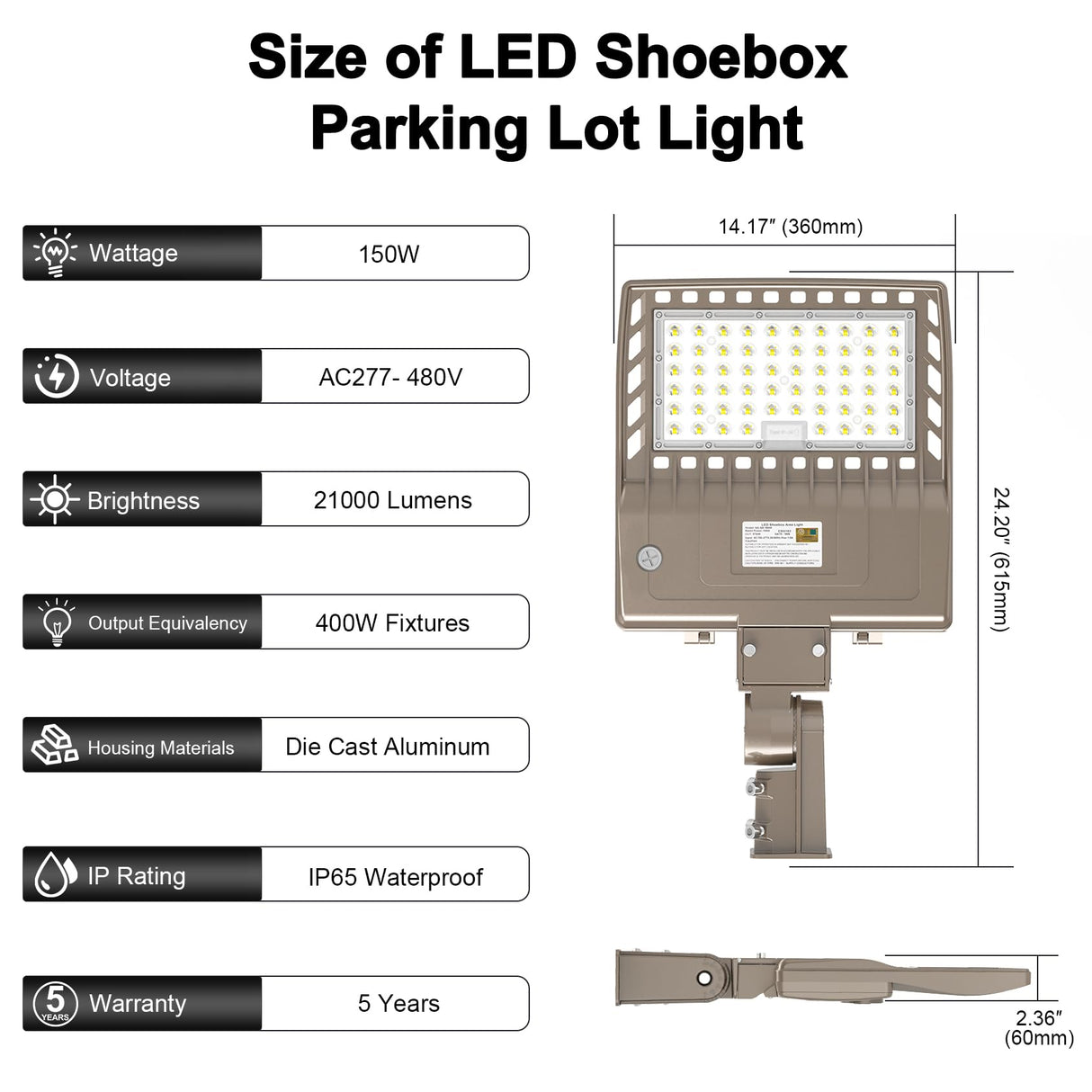 LED Parking Lot Light - SB Series With slip Fit Mount,150W,21000lumens,5000K,277-480V