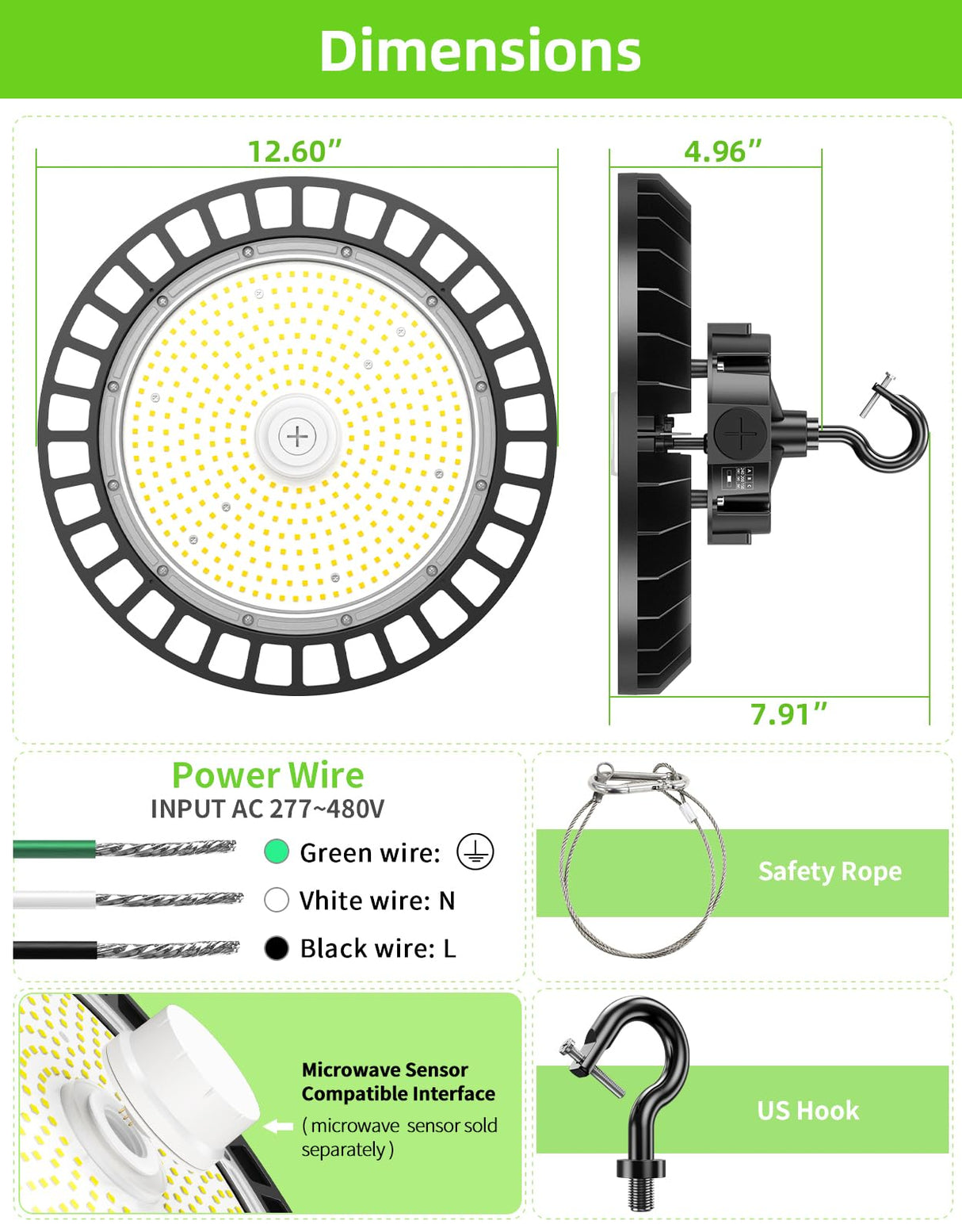 LED High Bay Light - UFO05 Series,240W,36000lumens,Selectable Wattage,5000K,277-480V