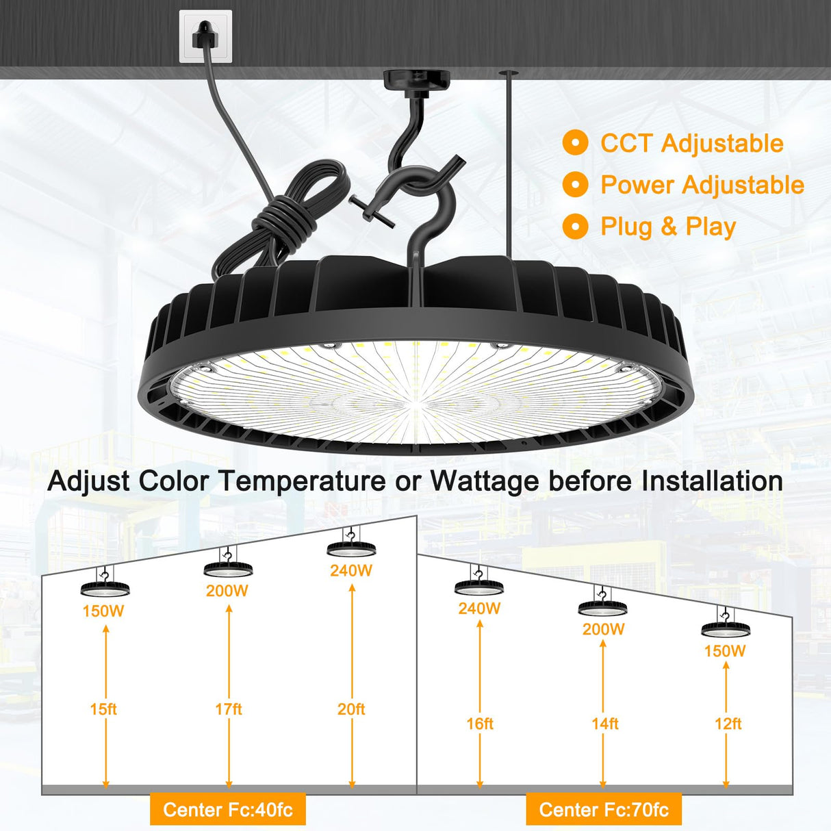 LED High Bay Light - BI Series,240W,36000lumens,Selectable Wattage&CCT,100-277V WITH US PLUG