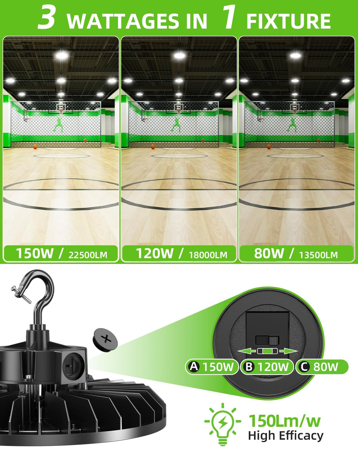 LED High Bay Light - UFO05 Series,150W,22500lumens,Selectable Wattage,5000K,277-480V