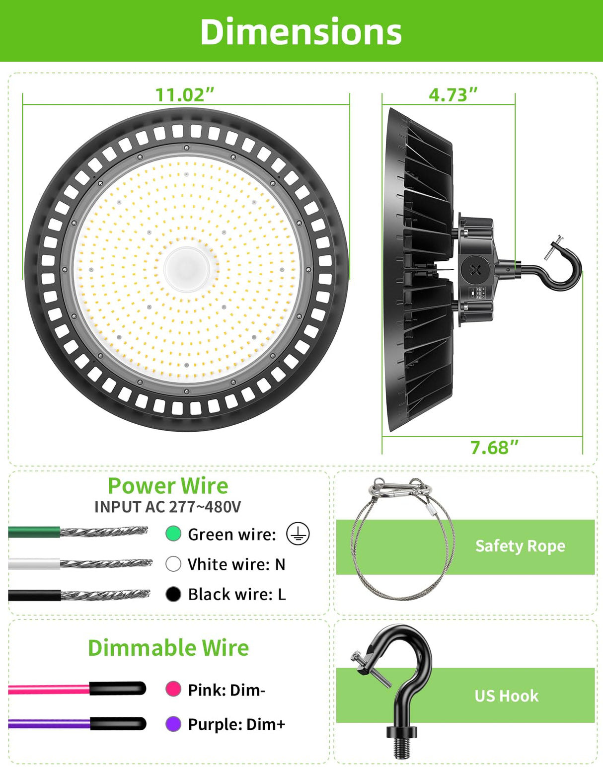 LED High Bay Light - UFO02 Series,150W,22500lumens,Selectable Wattage,5000K,277-480V