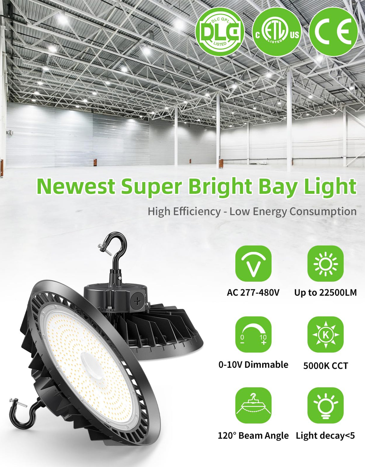 LED High Bay Light - UFO02 Series,150W,22500lumens,Selectable Wattage,5000K,277-480V