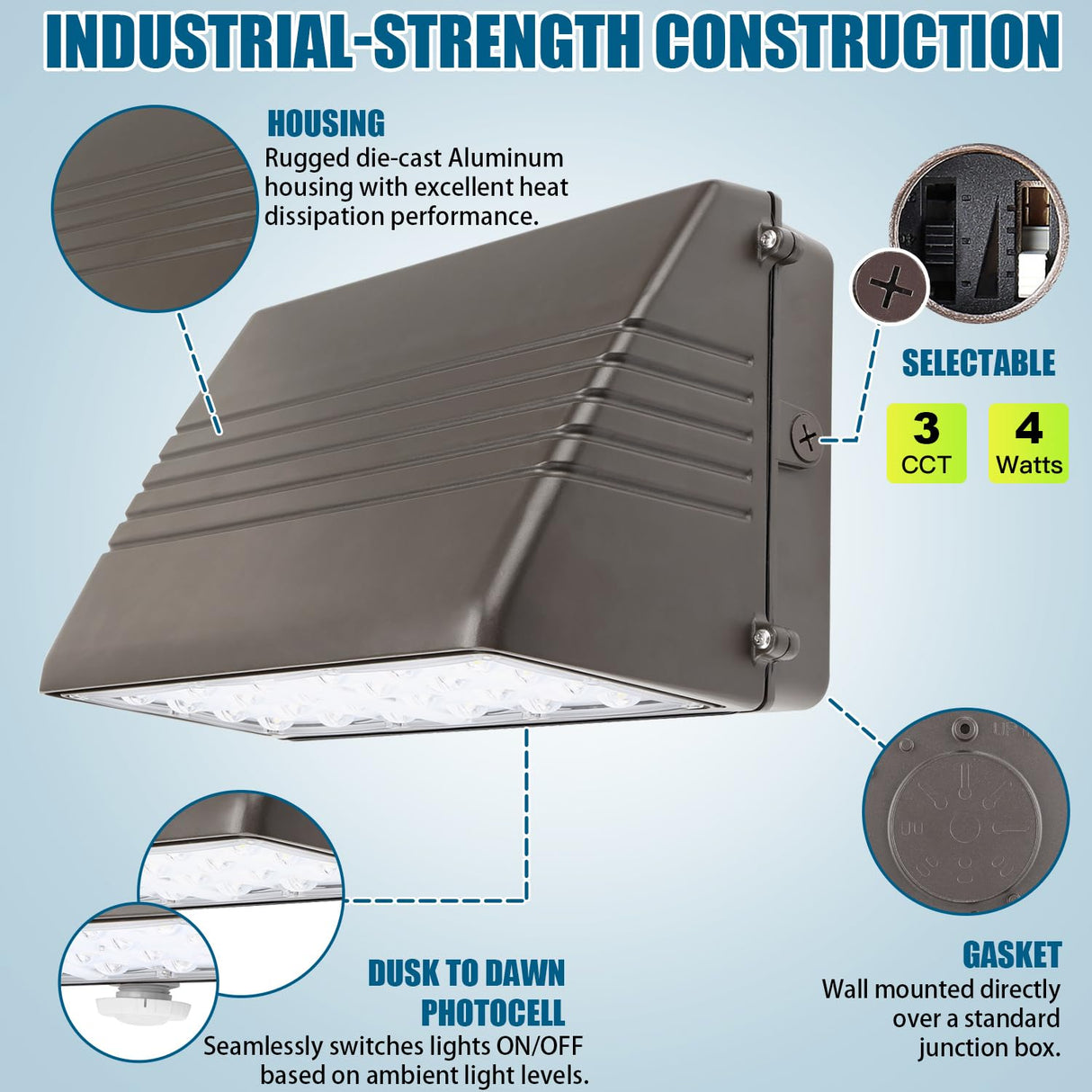 LED Wall Pack Light- FWP Series,125W,18750lumens,Selectable Wattage & CCT,100-277V