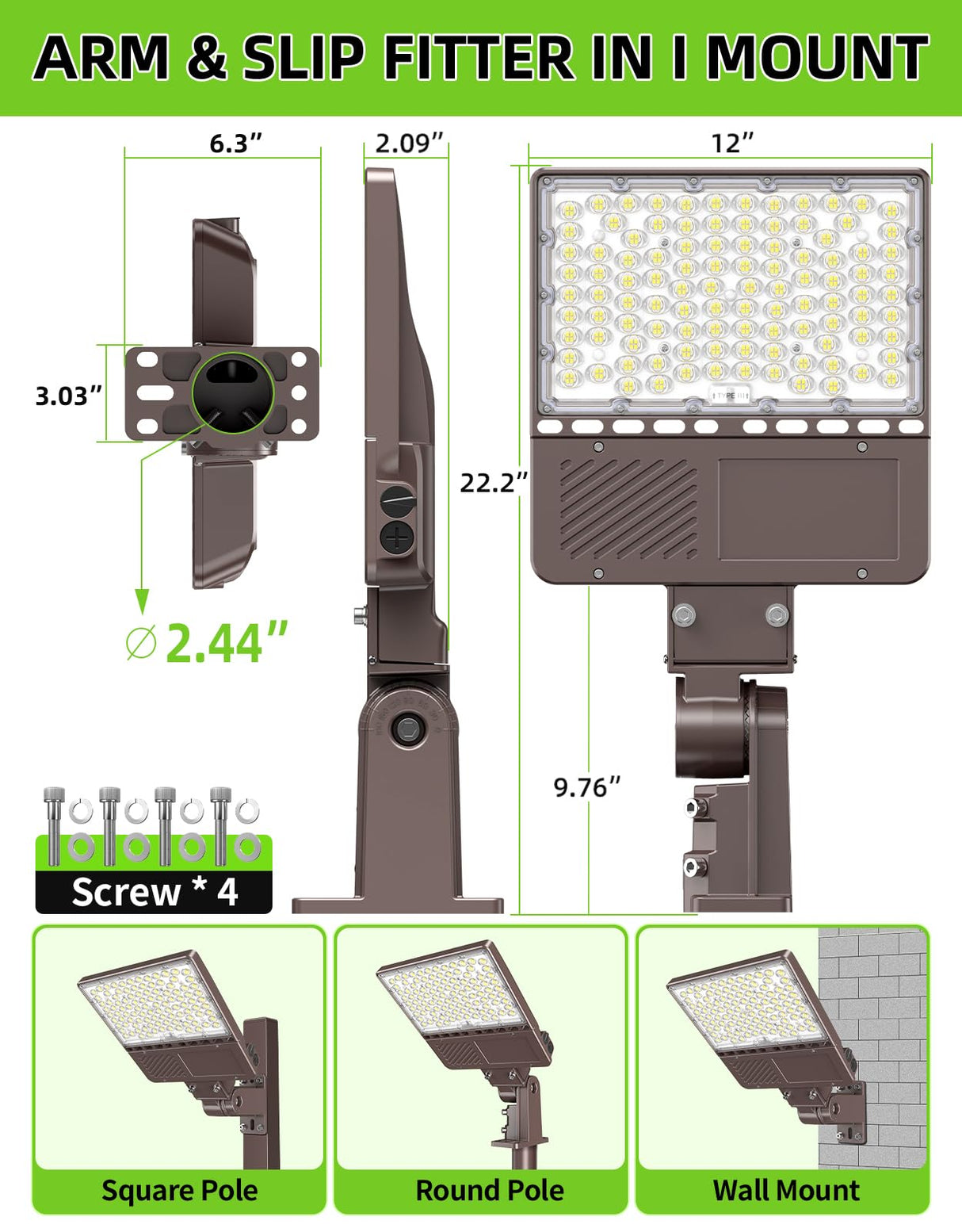 LED Parking Lot Light - PL Series With A&NBRACKET,150W,22500lumens,Selectable Wattage & CCT,100-277V, Built in Photocell