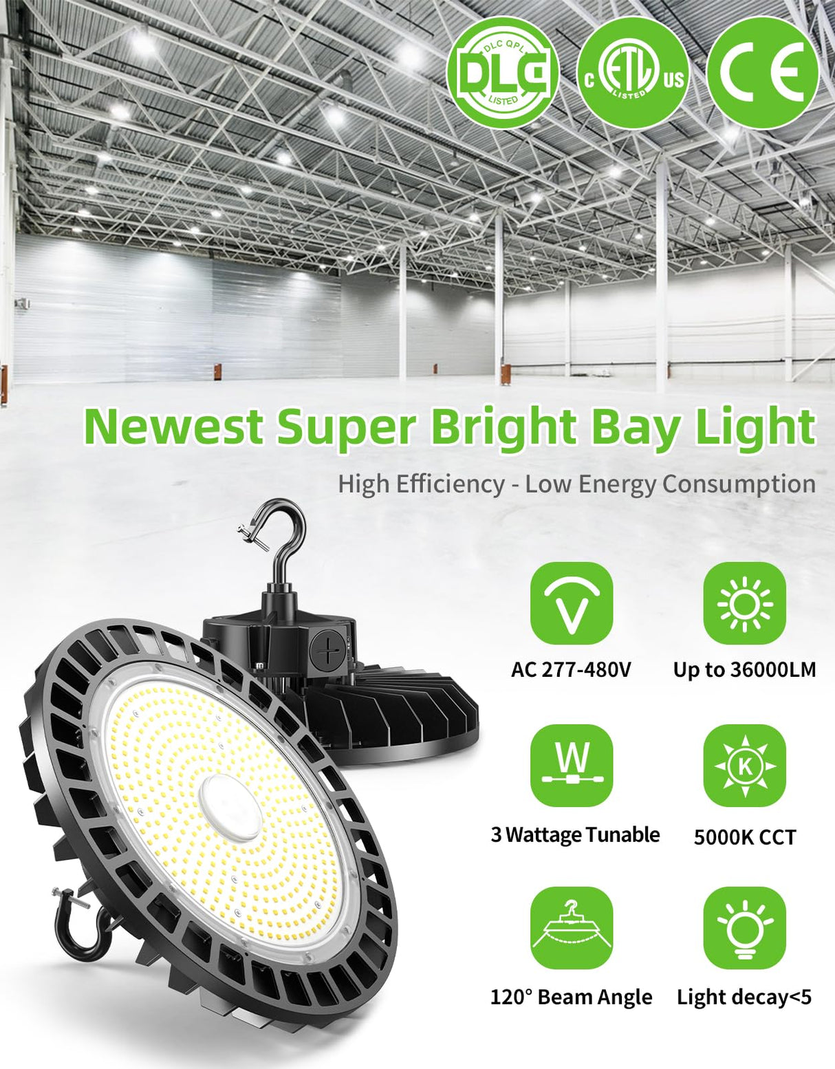 LED High Bay Light - UFO05 Series,240W,36000lumens,Selectable Wattage,5000K,277-480V