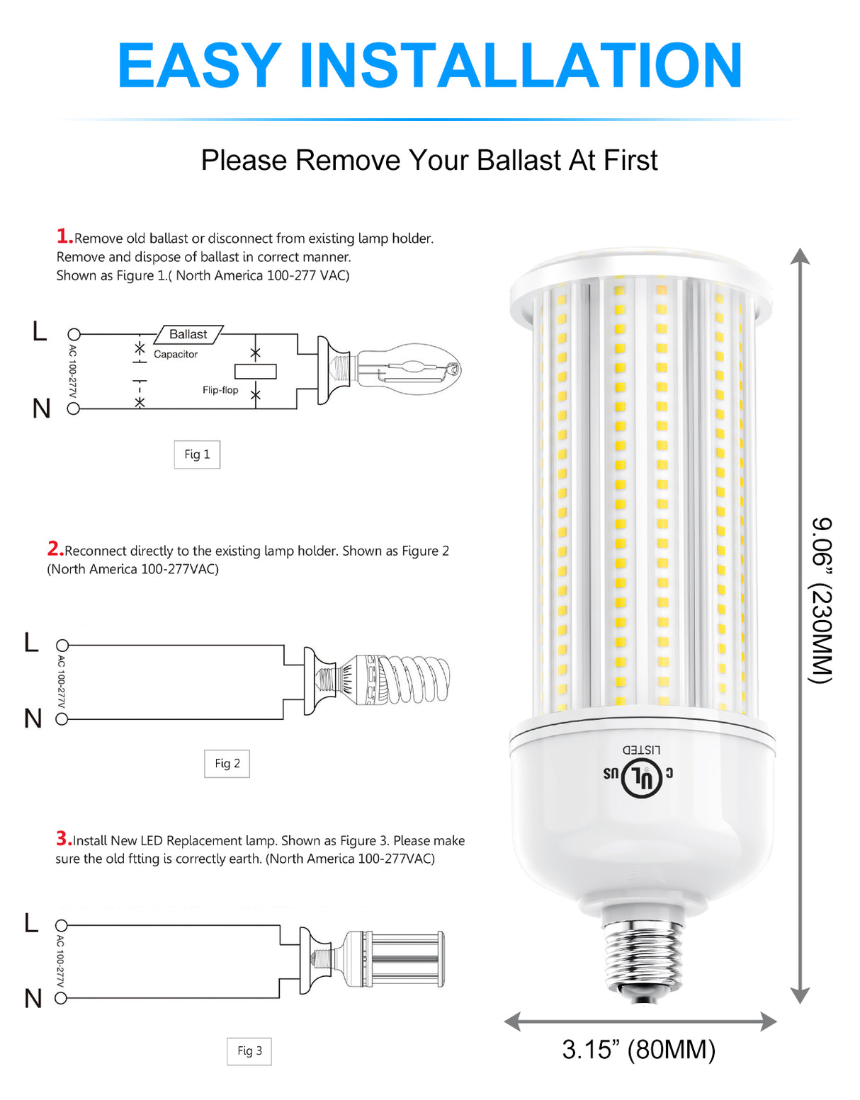 LED Retrofit Corn Bulbs Light  - RCL Series,36W,5040lumens,5000K,100-277V,E26/E39