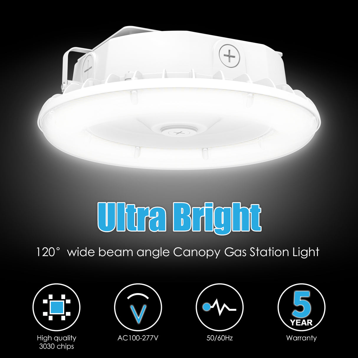 LED  Round Canopy Light - CP Series,100W,Selectable Wattage & CCT,100-277V,Dusk to Dawn