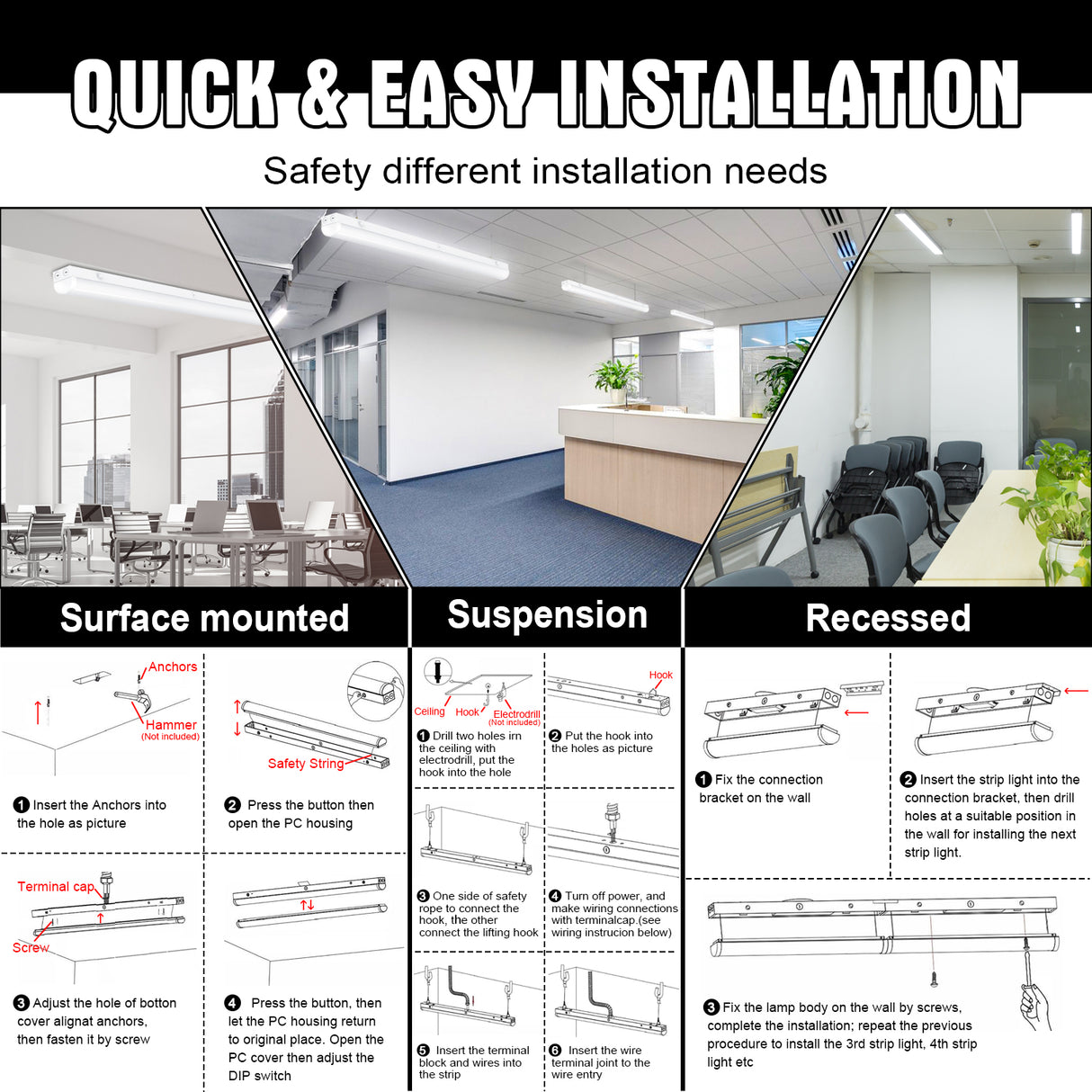 LED Strip Light - STL Series,100W,14000lumens,Selectable Wattage & CCT,120-277V,8FT,4 Pack,WITH AUDIO JACK SENSOR BASE