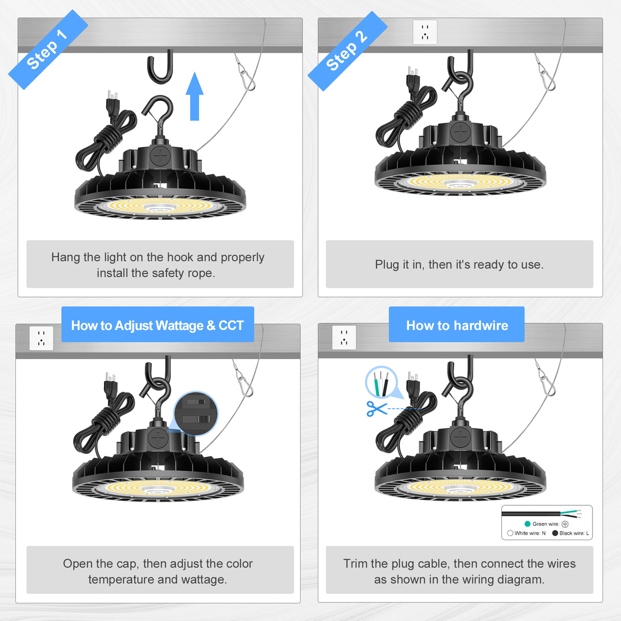 NGTLIGHT LED High Bay Light - UFO05 Series, 200W, Selectable Wattage&CCT, 100-277V, 90° Beam Angle, US PLUG