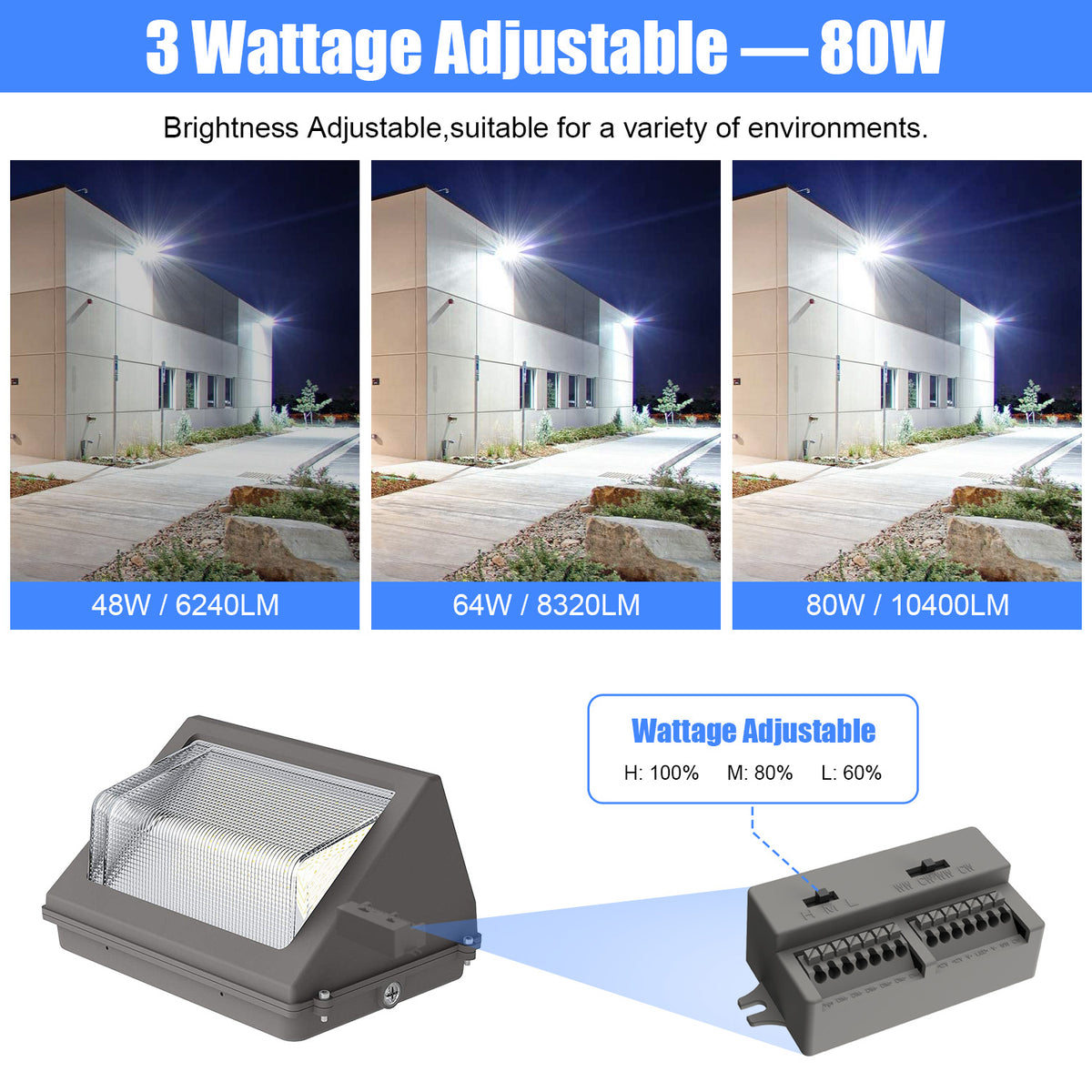 NGTLIGHT LED Wall Pack Light - WP Series, 80W, Selectable Wattage&CCT, 100-277V, Dusk to Dawn