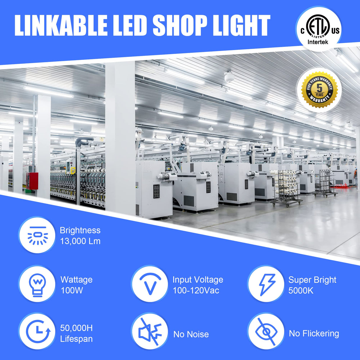 LED Shop Light - SL Series,100W,13000lumens,5000K,100-120V,with ON/Off Pull Chain
