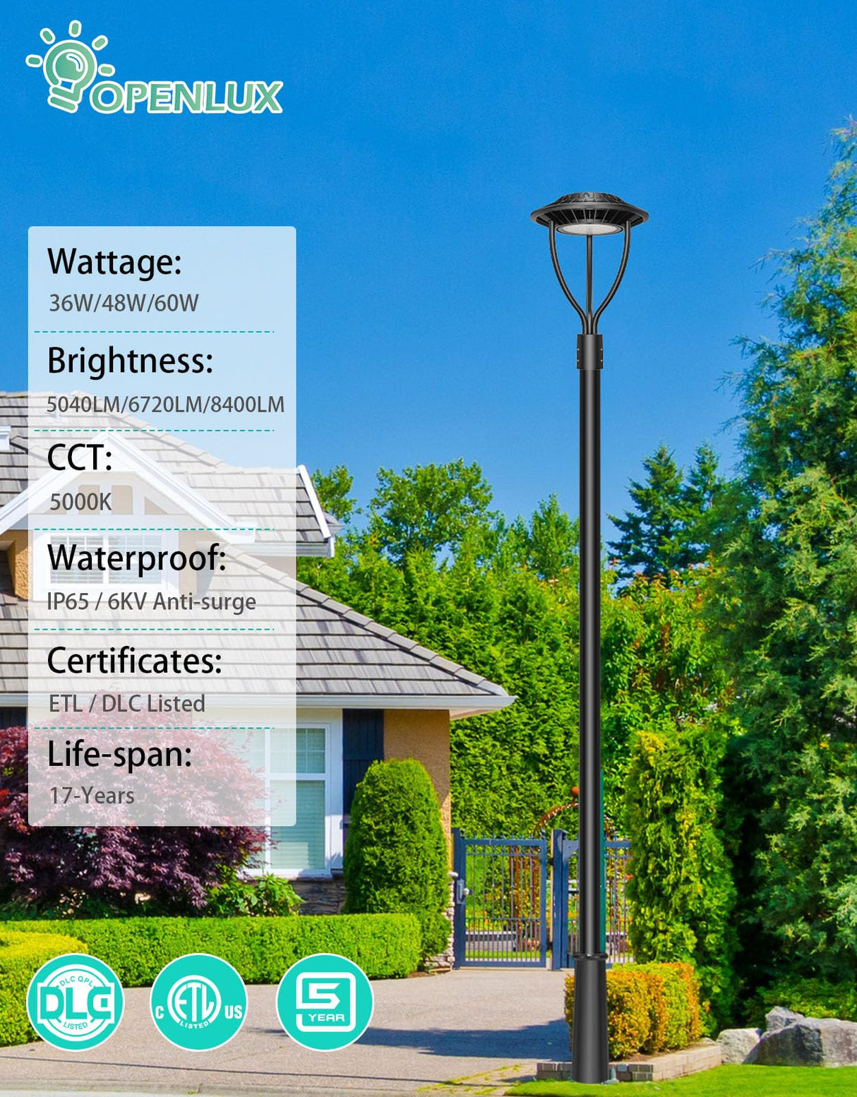 LED Post Top Light- PTA Series,60W,8400lumens,Selectable Wattage,100-277V,Dusk to Dawn Optional