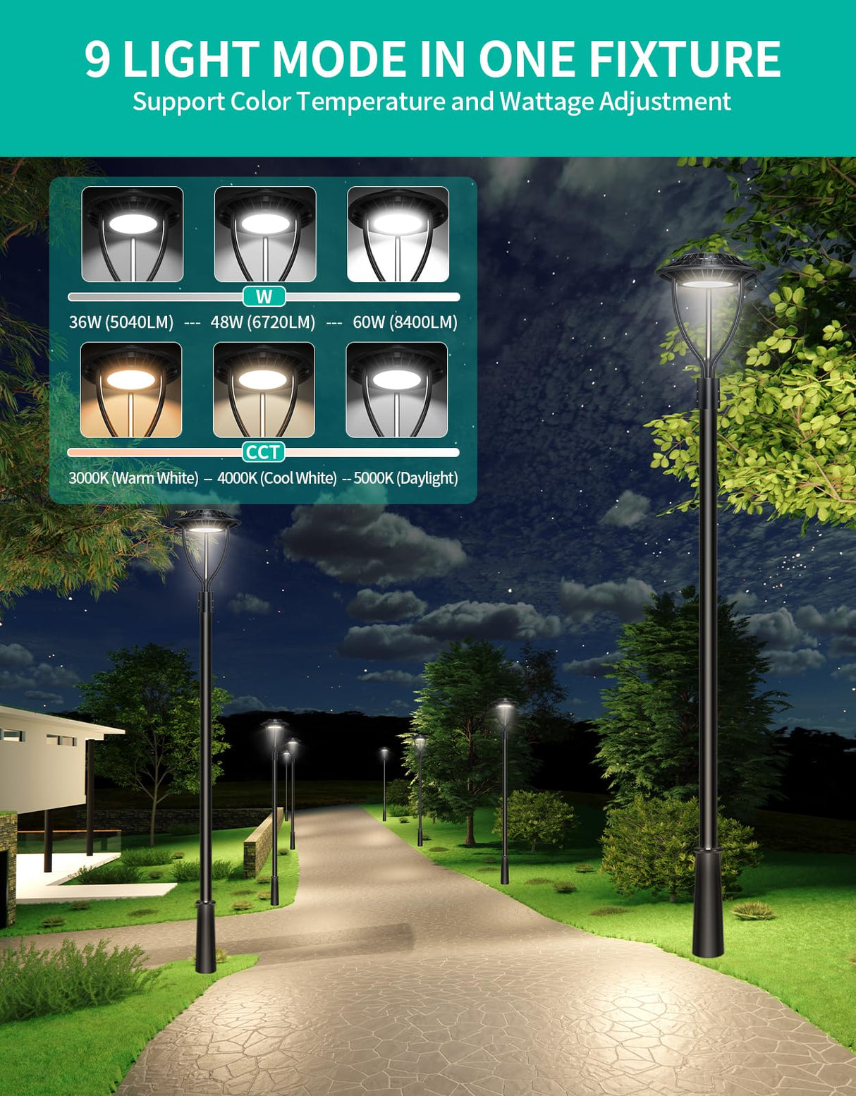 LED Post Top Light- PTA Series,60W,8400lumens,Selectable Wattage & CCT,100-277V,Dusk to Dawn Optional