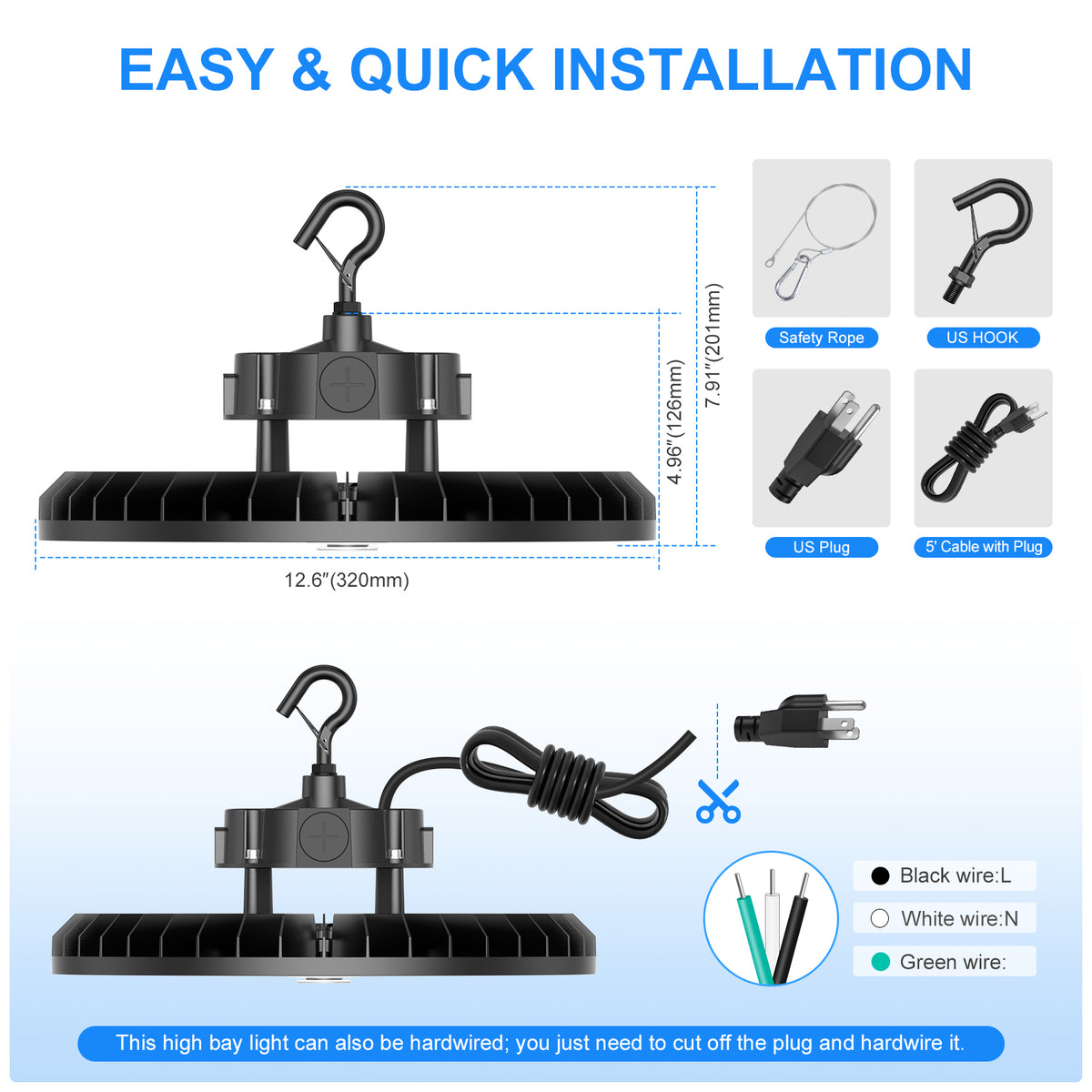 NGTLIGHT LED High Bay Light - UFO05 Series, 240W, Selectable Wattage&CCT, 100-277V, 90° Beam Angle, US PLUG