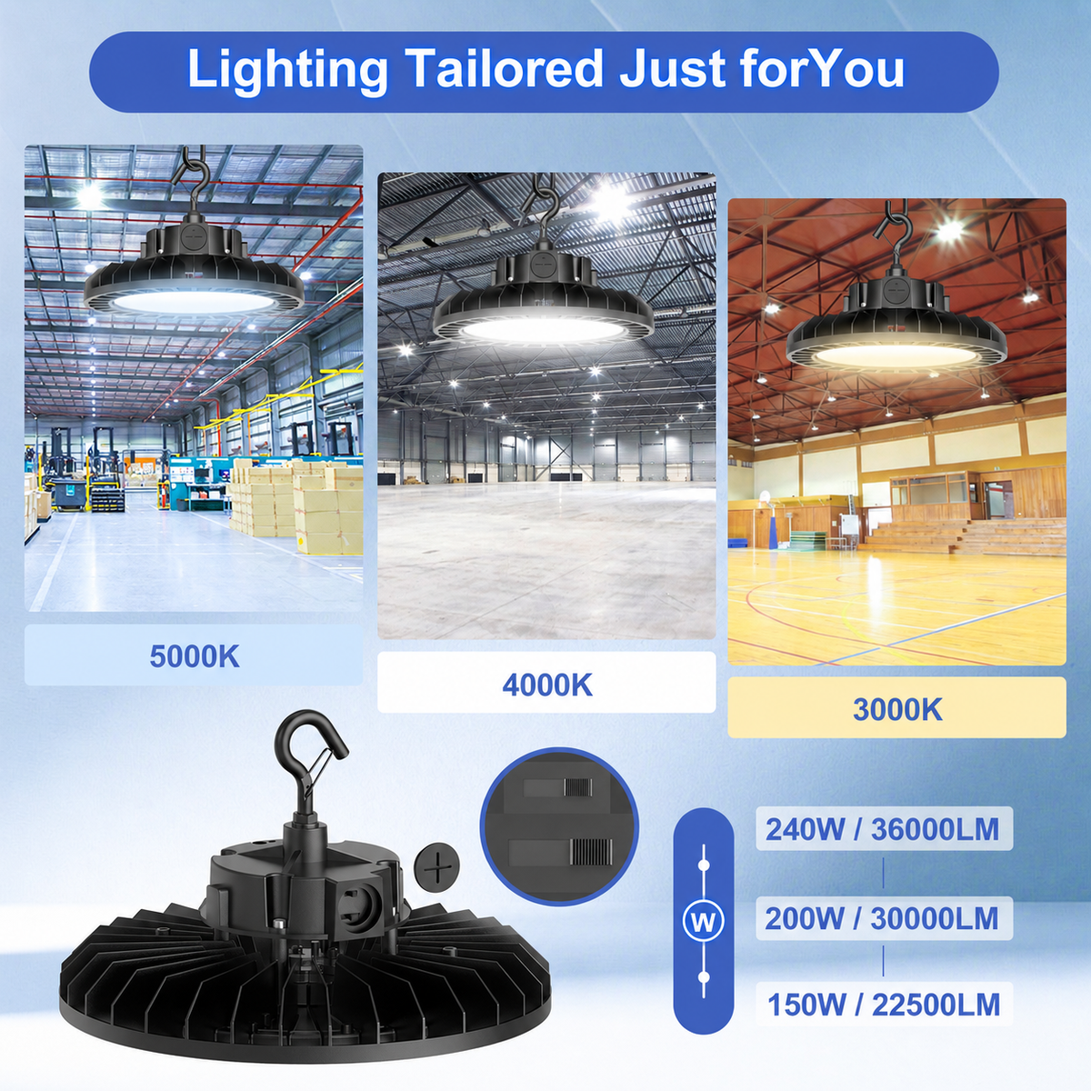 NGTLIGHT LED High Bay Light - UFO05 Series, 240W, Selectable Wattage&CCT, 100-277V, 90° Beam Angle
