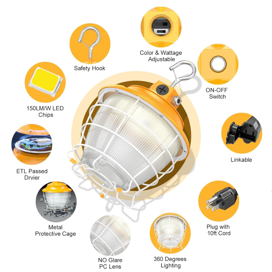 LED Temporary Work Light- PTL Series,100W,15000lumens,Selectable Wattage& CCT,100-277V,US PLUG Application