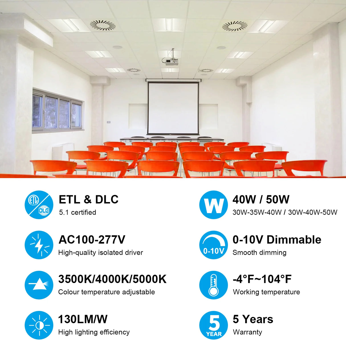 4PACK LED Troffer Light - TFL Series,50W,6500lumens,Selectable Wattage & CCT,100-277V, 2*4ft