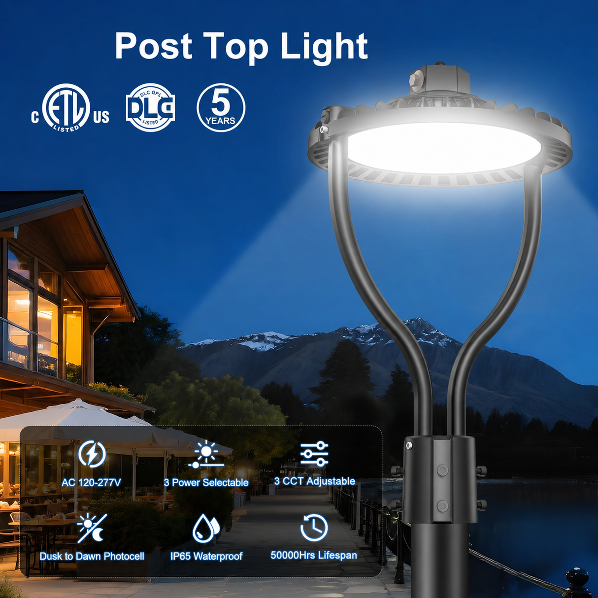 NGTLIGHT LED Post Circle Light - PCA Series, 60W-150W, Selectable Wattage & CCT, 100-277V, Dusk to Dawn