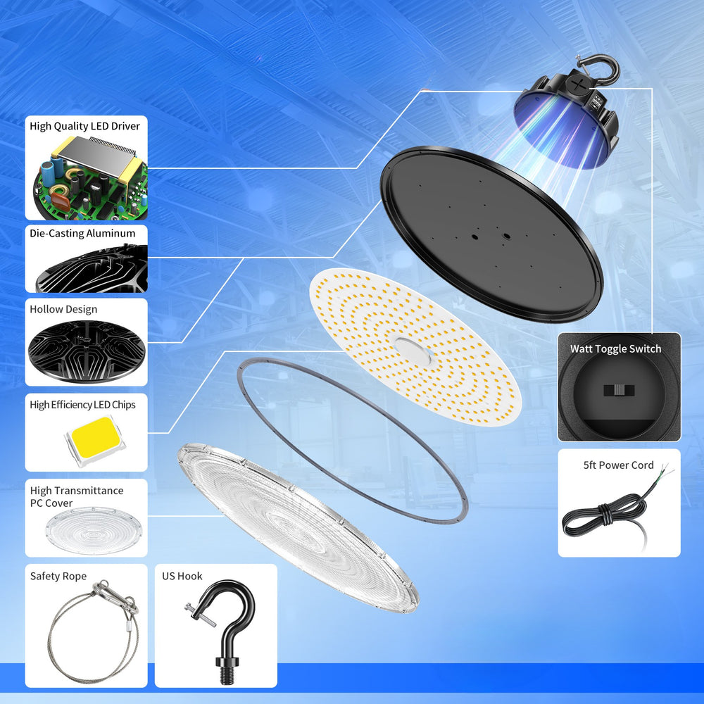 NGTLIGHT LED High Bay Light - PRO Series, 300W, Selectable Wattage, 5000K, 277-480V, 0-10V DIMMABLE Application