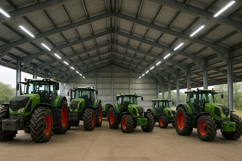 photorealistic image of a tractor shed with multiple tractors parked on it with LED lights installed