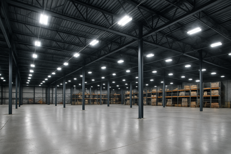 photorealistic image of a warehouse with LED lights installed